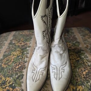 Frye White and Brown Leather Heeled Cowboy Boots